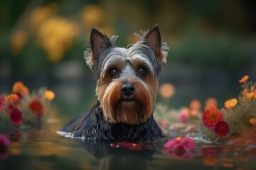 Group portrait photography of a curious yorkshire terrier swimming in a lake against colorful flower gardens background. With generative AI technology