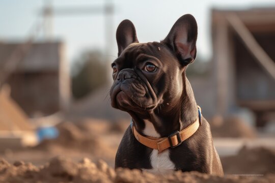 Medium shot portrait photography of a curious french bulldog being at a construction site against birdwatching spots background. With generative AI technology