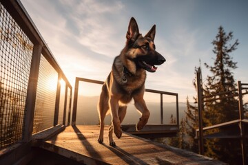 Environmental portrait photography of a bored german shepherd jumping over an obstacle against fire lookout towers background. With generative AI technology