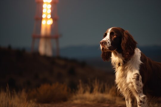 Medium shot portrait photography of a happy english springer spaniel digging against fire lookout towers background. With generative AI technology