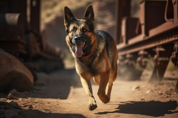 Environmental portrait photography of a happy german shepherd running against old mines and quarries background. With generative AI technology