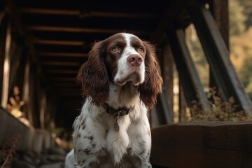 Medium shot portrait photography of a curious english springer spaniel being on a mountain peak against covered bridges background. With generative AI technology