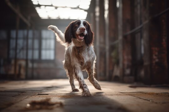 Environmental portrait photography of a happy english springer spaniel dancing with the owner against old mills and factories background. With generative AI technology