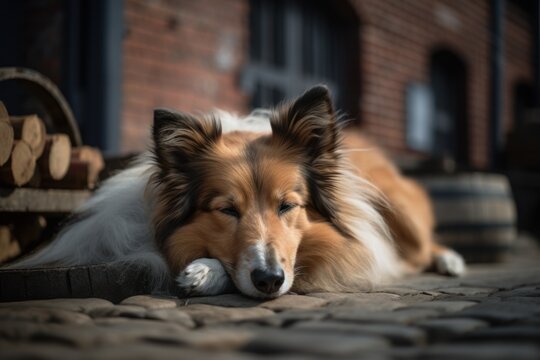 Lifestyle portrait photography of a happy shetland sheepdog sleeping against old mills and factories background. With generative AI technology