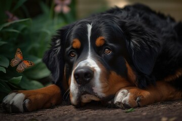 Medium shot portrait photography of a scared bernese mountain dog lying down against butterfly gardens background. With generative AI technology