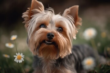 Lifestyle portrait photography of a happy yorkshire terrier having a flower in its mouth against corn mazes background. With generative AI technology