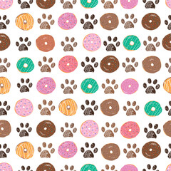 Colorful delicious doughnuts and doodle paw prints