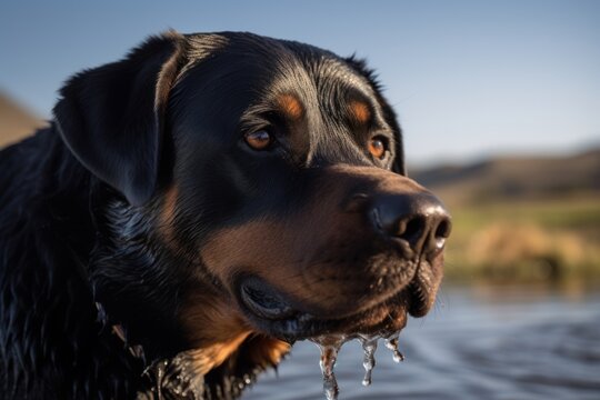 Medium shot portrait photography of a happy rottweiler drinking water against bison ranges background. With generative AI technology
