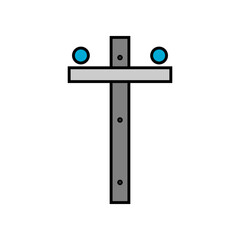 Cement high voltage power electric pole with wire transmit electricity on white background icon flat vector design.