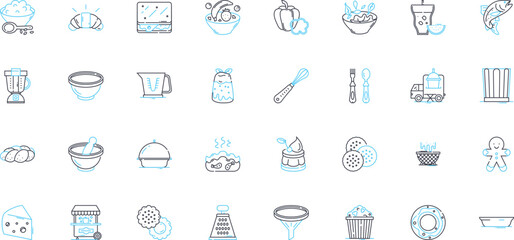 All-you-can-eat restaurant linear icons set. Buffet, Unlimited, Feast, Gluttony, Overindulgence, Variety, Selection line vector and concept signs. Abundance,Gourmet,Cuisine outline illustrations