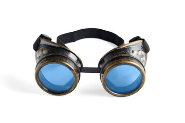 Vintage brass or copper welder's goggles with blue glasses isolated on white background
