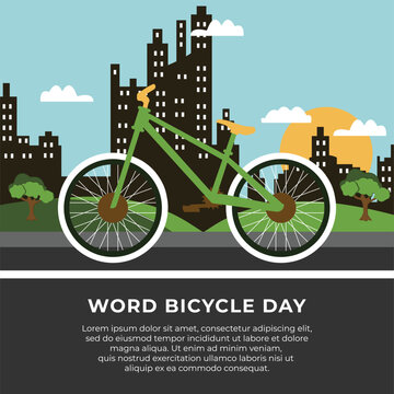 Vector word bicycle day in front of sun and city buidlings