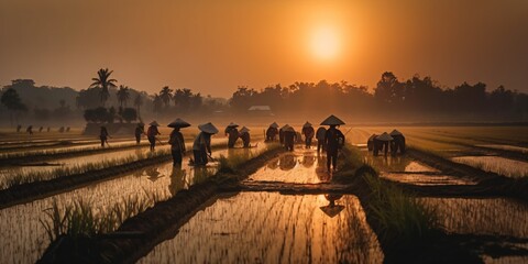 asian rice farmers, sunset landscape, generative ai - obrazy, fototapety, plakaty