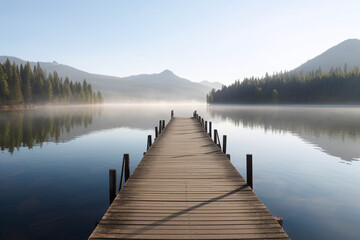 Fototapeta na wymiar Vue sur le ponton en bois d'un lac à la montagne » IA générative
