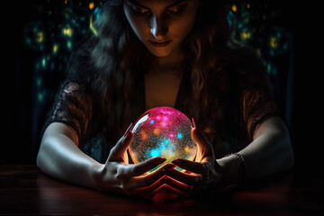 Voyante tenant une boule magique et colorée entre ses mains » IA générative
