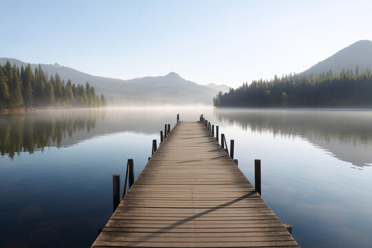 Vue sur le ponton en bois d'un lac &agrave; la montagne &raquo; IA g&eacute;n&eacute;rative