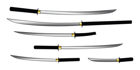 set of katana sword collection vector. weapon, sword, katana, knife, blade, sharp, cut, steel, ninja, samurai, japanese sword, battle, war, equipment, vintage, sticker, clipart, vector illustration