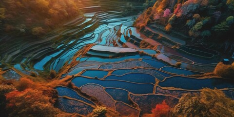 drone shot of rice fields, agriculture aerial view, fictional landscape created with generative ai