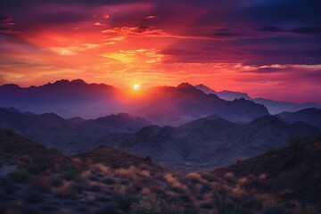 Obraz premium Coucher du soleil coloré dans un magnifique paysage montagneux » IA générative