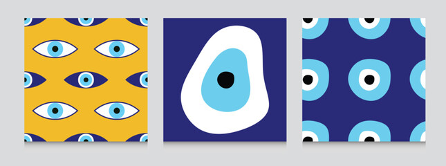 Fototapeta premium Seamless pattern with evil eyes, different talismans in hand drawn flat design