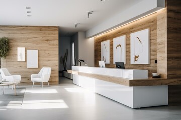 Modern reception area, white & wood interior design. Generative AI