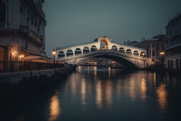 Fototapeta na wymiar Early morning view of the Rialto Bridge over the Grand Canal in Venice. Generative AI