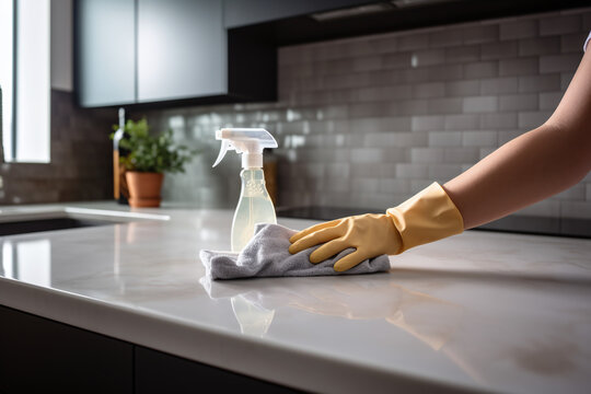 Personne nettoyant le comptoir en marbre de sa cuisine avec des gants jaunes » IA générative