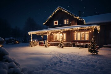 Cozy holiday home with festive lights and snow at night. Generative AI