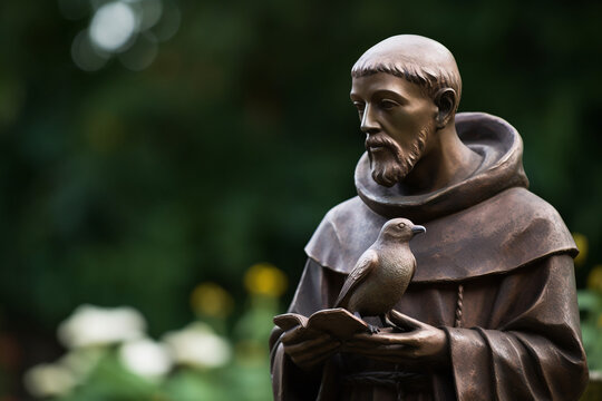 Statue en bronze de saint-fran&ccedil;ois d'assise avec un oiseau &raquo; IA g&eacute;n&eacute;rative