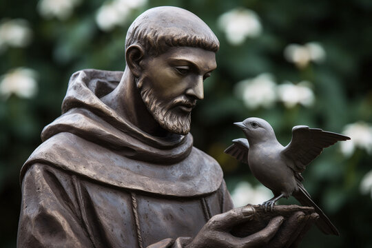Gros plan sur une statue en bronze de saint-fran&ccedil;ois d'assise avec un oiseau &raquo; IA g&eacute;n&eacute;rative
