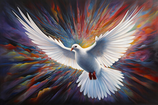 Illustration d'une colombe blanche dans une ambiance colorée » IA générative