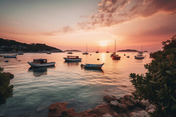 Vue du coucher du soleil dans un port de plaisance &raquo; IA g&eacute;n&eacute;rative