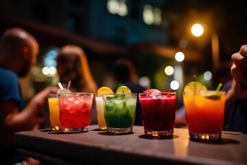 Obraz na płótnie Canvas Coctails on a bar counter, close up. Colorful alcohol drinks served. Generative AI