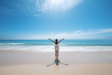 Fototapeta na wymiar Femme se relaxant sur une plage un jour d'été » IA générative