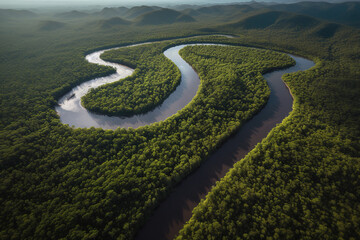 Vue sur une rivière dans une forêt verdoyante » IA générative - obrazy, fototapety, plakaty