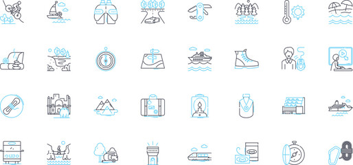 Vacation weekend linear icons set. Getaway, Retreat, Escape, Adventure, Relaxation, Rejuvenation, Rest line vector and concept signs. Serenity,Tranquility,Solitude outline illustrations