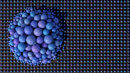 Blue and purple balls morphing. Abstract iillustration, 3d render.