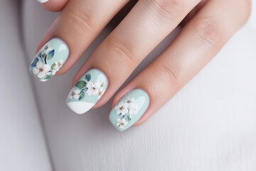 Ongles manucurés verts avec des fleurs blanches » IA générative