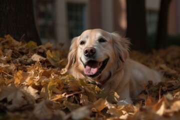 Medium shot portrait photography of a happy golden retriever playing in a pile of leaves against college and university campuses background. With generative AI technology