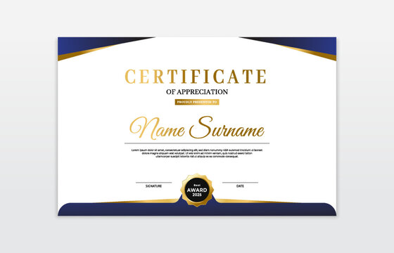 Blue and gold certificate border template. For appreciation, business and education needs