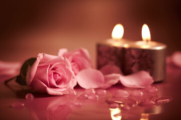 Fototapeta na wymiar Une rose avec des bougies allumées dans une ambiance de saint-valentin » IA générative