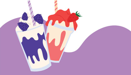 Berries milkshake banner. Strawberry and mulberry cocktail. Summer cold drinks 
