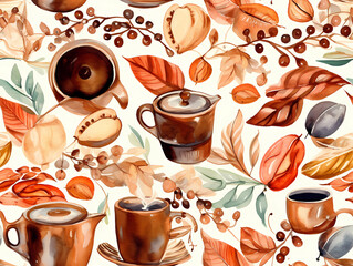 Coffee Pattern, Watercolor Endless Composition. Generative AI
