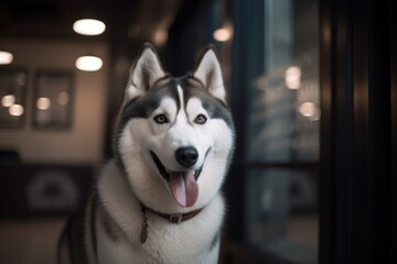 Medium shot portrait photography of a happy siberian husky being at an art gallery against marinas and harbors background. With generative AI technology