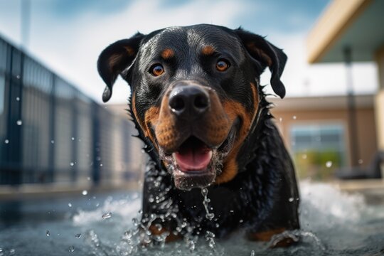 Medium shot portrait photography of a curious rottweiler shaking off water after swimming against sports stadiums background. With generative AI technology