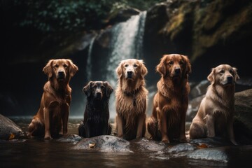 Group portrait photography of a curious golden retriever wearing a collar against waterfalls background. With generative AI technology
