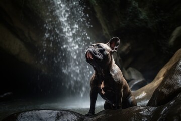 Fototapeta na wymiar Studio portrait photography of an aggressive french bulldog licking himself against waterfalls background. With generative AI technology