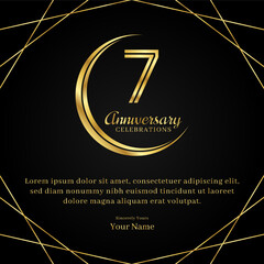7 years anniversary with a half moon design, double lines of gold color numbers, and text anniversary celebrations on a luxurious black and gold background