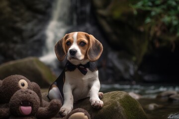 Full-length portrait photography of a curious beagle holding a teddy bear against waterfalls background. With generative AI technology