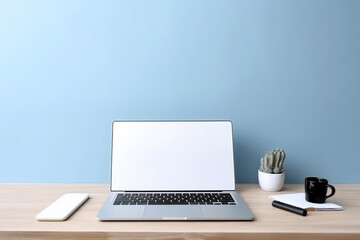 Fototapeta premium Opened laptop with business accessories. Minimal workplace for freelancer or student. Communication and networking, home office. Back to school concept. Mockup, template, copy space. AI generated